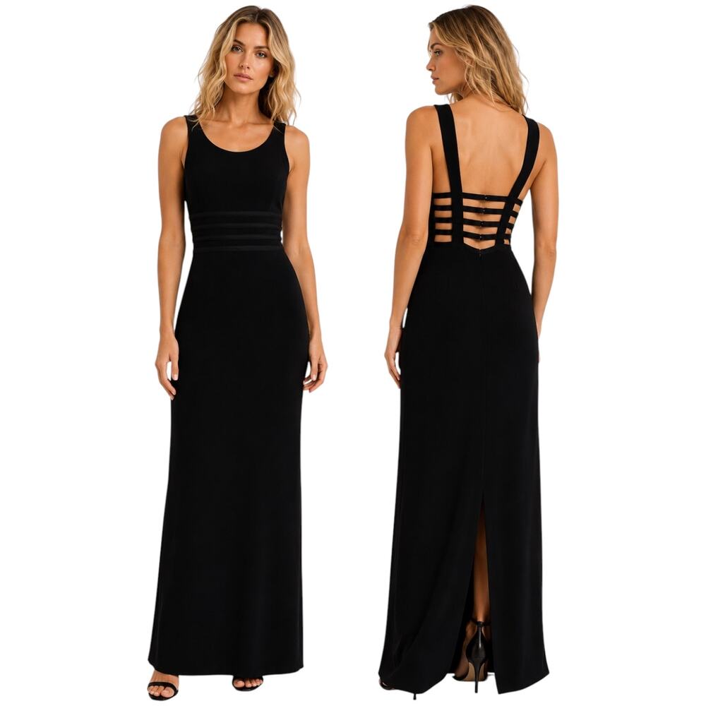 Y2K Black Column Gown Strappy Back Formal Dress Size 4 Goth Glam Andrea Polizzi